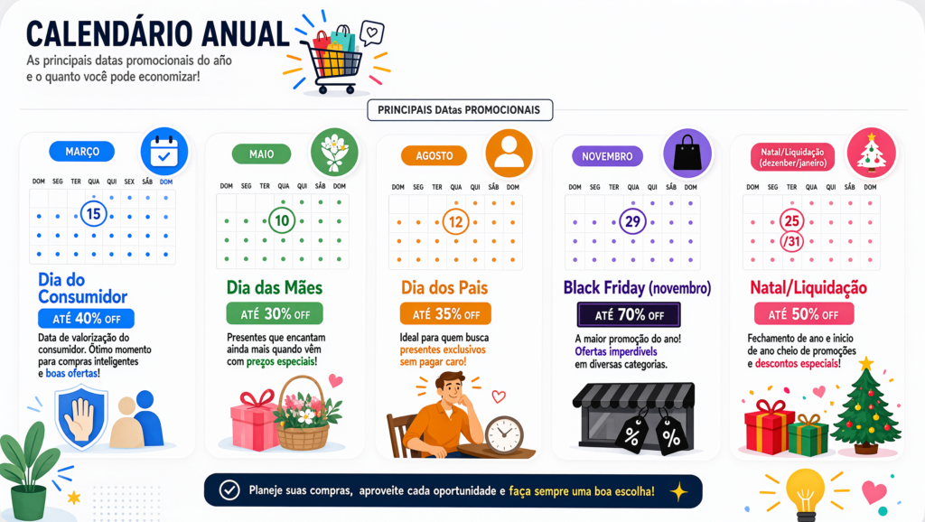 Infográfico com calendário anual mostrando as principais datas promocionais para comprar aspiradores com desconto