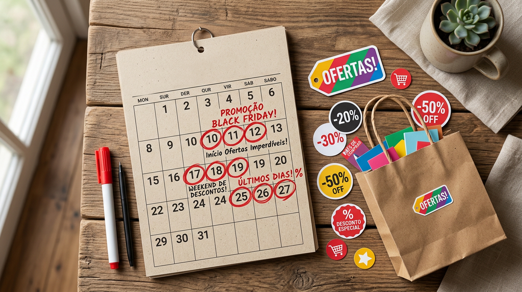 Calendário com datas de promoções marcadas, representando as melhores épocas para comprar aspirador
