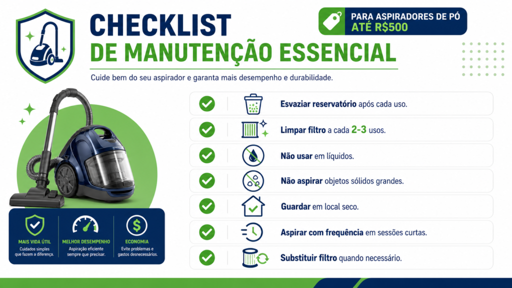 Infográfico checklist de manutenção essencial para aspiradores de pó até R$500 com sete itens para preservar o desempenho e prolongar a vida útil