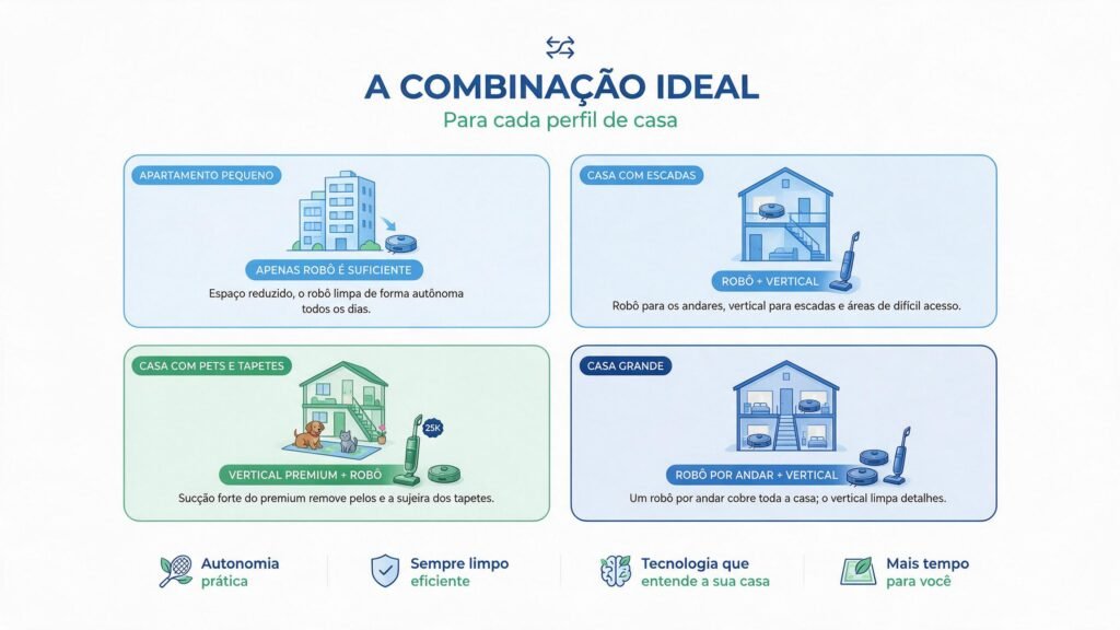 Infográfico mostrando combinação ideal de aspirador vertical e robô para diferentes perfis de casa desde apartamento pequeno até casa grande