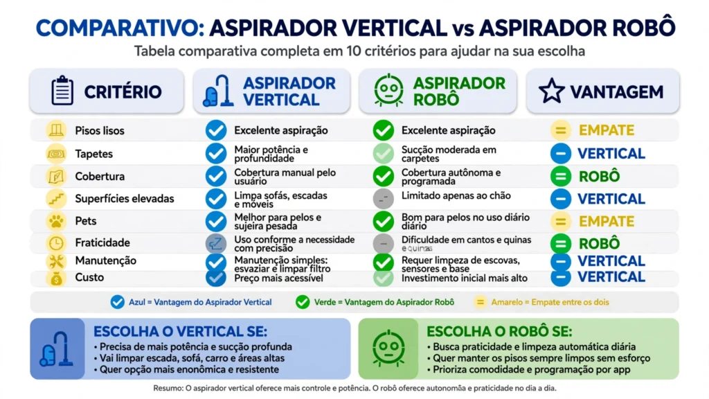 Infográfico tabela comparativa completa entre aspirador vertical e robô em dez critérios com indicação de vantagem em azul verde e amarelo