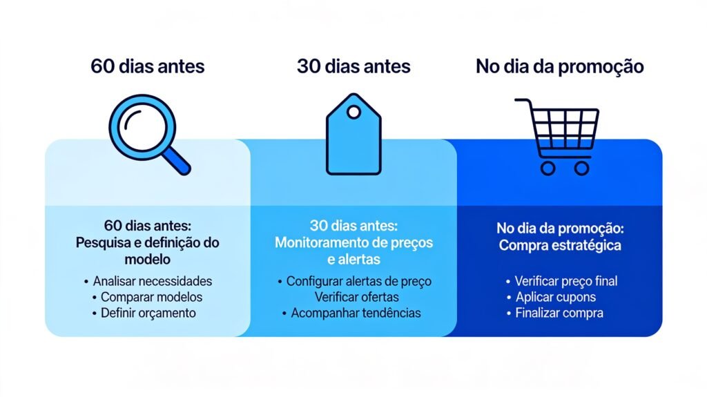 Infográfico com estratégia de compra de aspirador em três fases: 60 dias antes, 30 dias antes e no dia da promoção