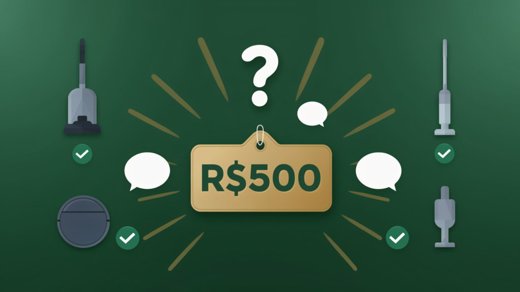Seção de perguntas frequentes sobre melhor aspirador de pó até R$500 com quatro aspiradores em miniatura ao redor de etiqueta de preço dourada