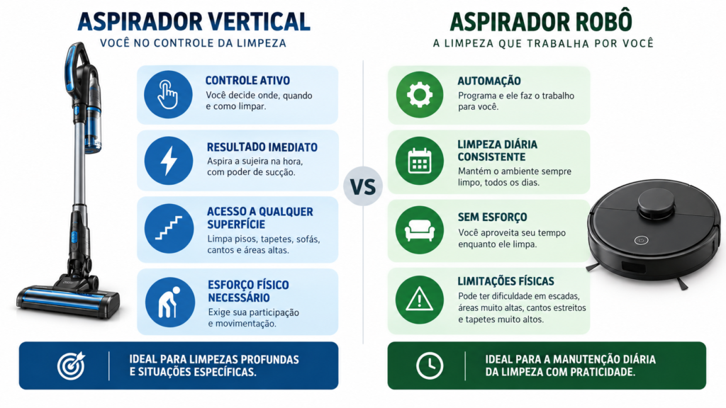 Infográfico comparando as filosofias de limpeza do aspirador vertical ativo e do aspirador robô autônomo com vantagens e limitações de cada um