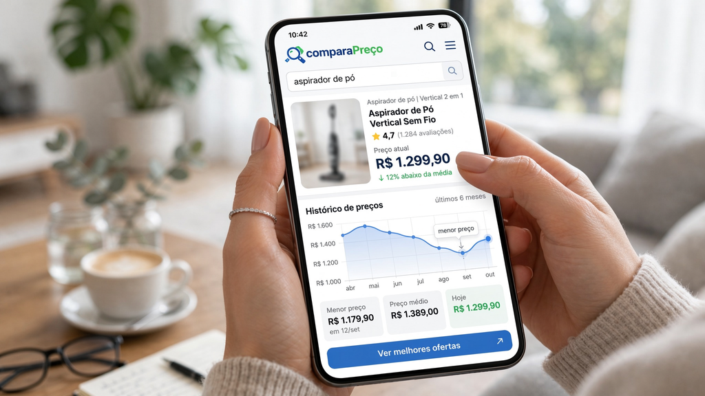 Pessoa verificando histórico de preços de aspirador de pó em site comparador antes de comprar