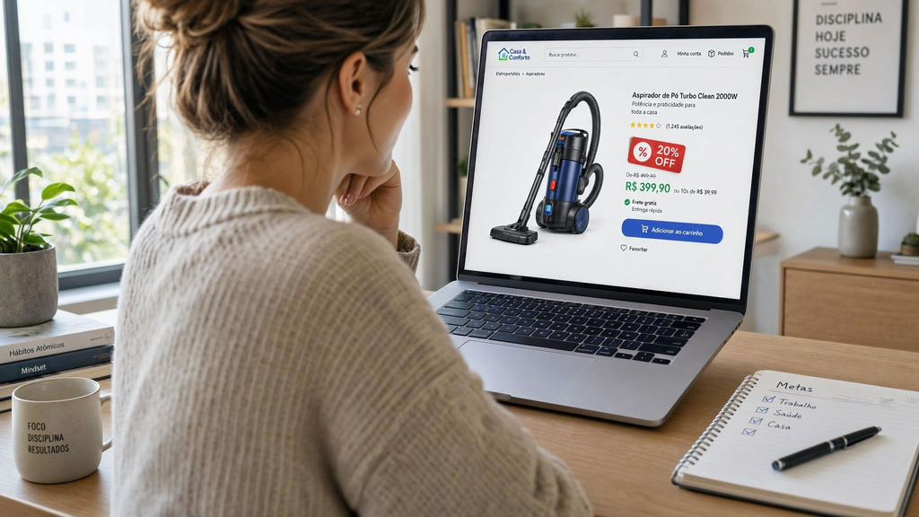 Pessoa comprando aspirador de pó online durante promoção, com símbolo de desconto
