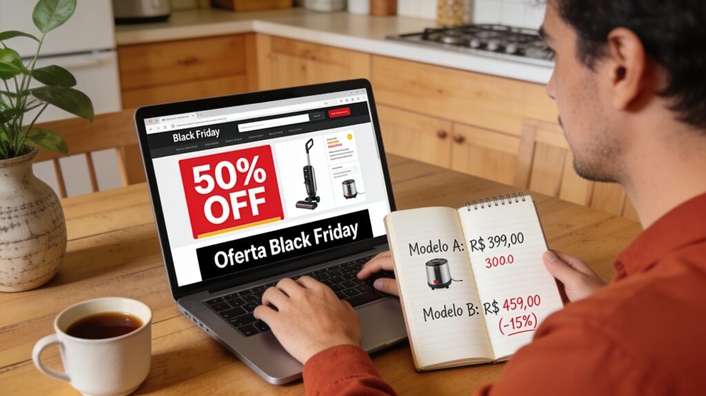 Pessoa pesquisando preços de aspiradores em e-commerce durante Black Friday com anotações ao lado