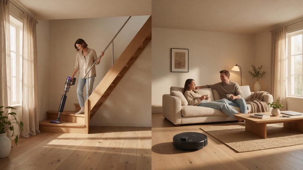 Comparativo de uso real vertical em escada com controle total versus robô limpando autonomamente enquanto casal relaxa no sofá