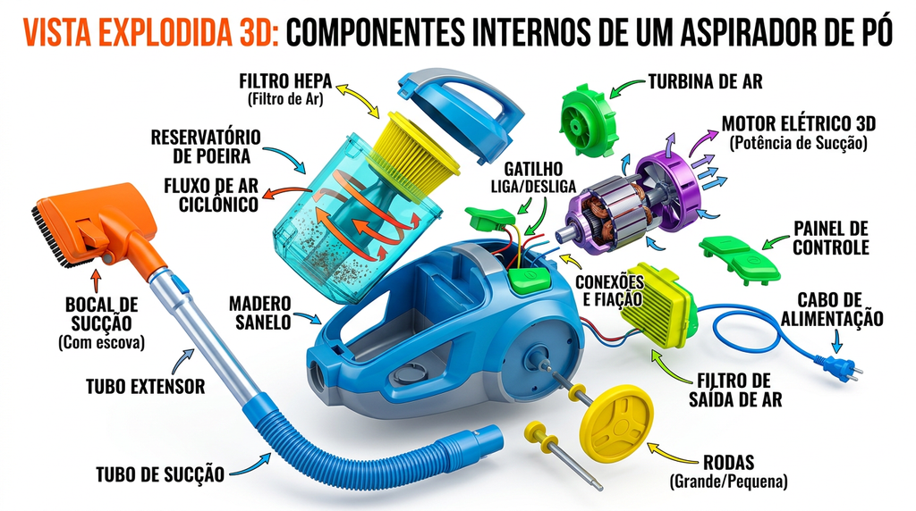 Componentes internos principais de um aspirador de pó
