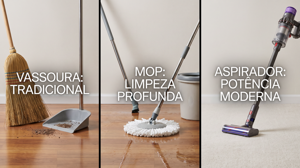 Comparação entre aspirador de pó, vassoura e mop